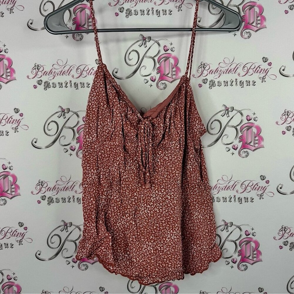 URBAN Romantics tank top flowy ribbon tie up pink orange Rust Floral Camisole